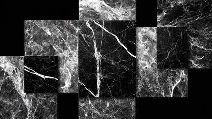 Poster - Textures of black and white marble are displayed in various interlocking tiles. The veining and patterns create a striking visual effect, suitable for modern interiors.