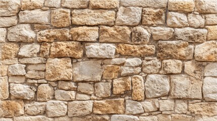 Poster - This sturdy wall features a mosaic of stones in diverse beige and brown shades, displaying a rustic aesthetic and natural weathering typical of traditional architecture.