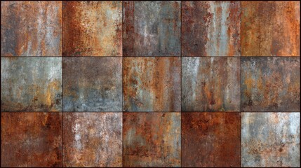 Poster - A collection of textured wall panels arranged in a grid pattern showcases a variety of rust and weathered colors, creating a modern and industrial aesthetic perfect for interior design.