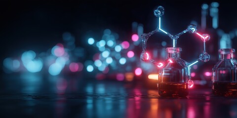 Poster - Molecular structure model glowing with neon lights on a reflective surface, set against a blurred, vibrant background.