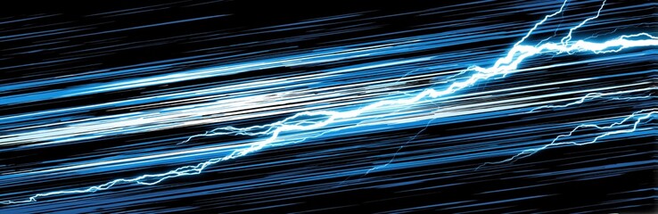 Poster - Abstract digital artwork featuring dynamic blue and white light streaks with electric lightning effects on a black background.