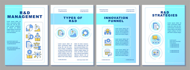 Poster - Research and development blue brochure layout. Types, innovation funnel and strategies. Leaflet advertising design with color line icons. Editable 4 pages. Arial, Myriad Pro-Regular fonts used