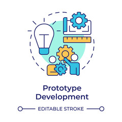 Poster - Prototype development multi color concept icon. Creating working model of product. Innovation funnel. Round shape line illustration. Abstract idea. Graphic design. Easy to use in brochure