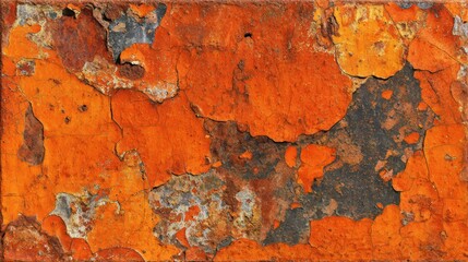 Poster - A close-up view reveals layers of peeling orange paint on a worn surface, showcasing textures of black and gray. The combination of colors and wear tells a story of age and neglect.