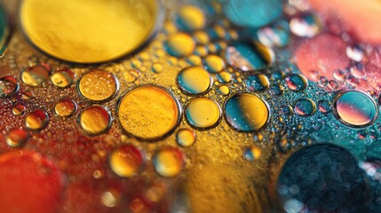 Poster - Close-up view of vibrant water and oil droplets on a colorful background. The colorful mixture creates a visually striking pattern that draws attention.