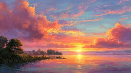Wall Mural - Warm hues of orange, pink, and purple fill the sky above tranquil waters as the sun dips below the horizon. Lush greenery silhouettes against the colorful backdrop just before nightfall.