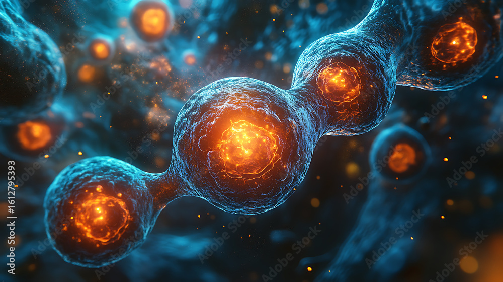 First cell communication depicted through glowing chemical exchange ...