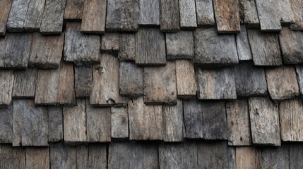 Poster - The textured wooden shingles cover a rustic structure, displaying a variety of shades and patterns. Sunlight highlights their weathered look, emphasizing natural beauty and craftsmanship.