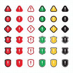 Wall Mural - Set of warning and alert icons with exclamation marks in various shapes and colors triangle, circle, shield; black, yellow, and red styles for hazard, caution, and error messages.