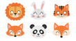 © Antok - Set of cute cartoon animal face masks for a children's costume party. Vector illustration props with lion, tiger, panda, fox, and rabbit.