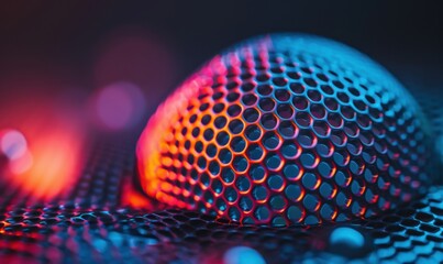 Abstract close up of hexagonal mesh pattern with vibrant red and blue lighting