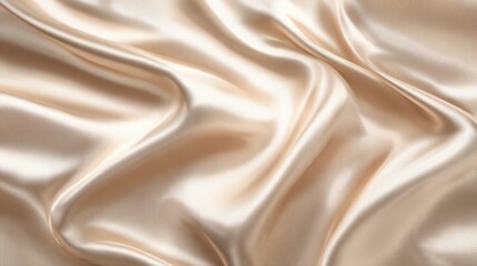 Poster - Luxurious beige satin fabric drapes softly, displaying gentle waves and a smooth texture. The fabric reflects light subtly, enhancing its elegant appearance and richness.