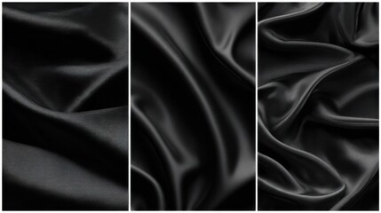 Poster - Three panels of luxurious black fabric exhibit flowing textures and soft highlights. The varying folds create a sophisticated visual effect suitable for design inspirations or fashion textiles.