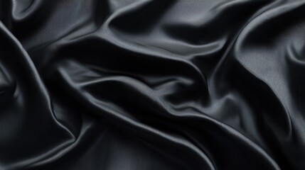 Poster - Smooth black satin fabric lies gently folded, reflecting light. The drapes create an inviting texture, enhancing the elegance of the material's rich color and glossy finish.