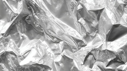 Poster - Crumpled metallic foil forms a shiny, reflective surface with intricate textures. The bright light enhances the silver tones, making it suitable for artistic displays and creative uses.