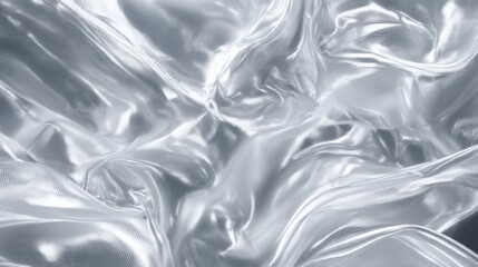 Poster - Silver fabric is arranged in flowing, gentle folds. The soft texture reflects light, creating a dynamic interplay of shadows and highlights, perfect for fashion and design applications.