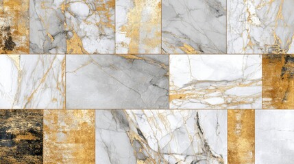 Poster - A stunning display of marble tiles showcasing a blend of gray and white tones accented with golden hues. Perfect for modern interior design and decor inspiration.