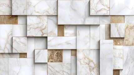Poster - This composition showcases a collection of marble tiles with different dimensions and finishes arranged in a modern pattern, creating a stylish and sophisticated aesthetic in an indoor space.
