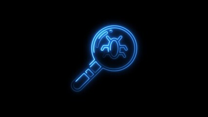 Glowing neon bug detection icon on a dark background represents software testing