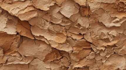 Poster - A close-up view of a weathered adobe wall, revealing intricate textures with cracks and earthy shades. Sunlight accentuates the natural variations in color and form.