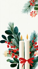 Wall Mural - two burning candles tied with red ribbon surrounded by christmas decoration