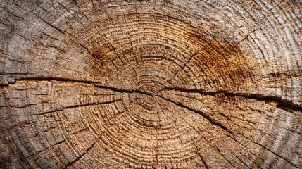 Poster - The round cross-section of a tree trunk showcases intricate growth rings and visible cracks, highlighting the natural aging process of the wood. This close-up reveals rich textures.