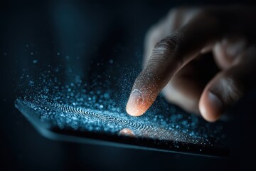 Poster - Finger pressing on screen with digital fingerprint unlock. It shows biometric authentication for secure mobile access.