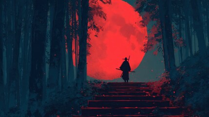 Wall Mural - a lone warrior climbs ancient stone steps in a shadowy forest. behind him, a looming red moon casts 