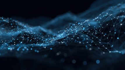Poster - An intricate display of glowing blue particles creates a mesmerizing wave pattern, representing digital movement and energy in a vast virtual landscape, evoking a sense of depth.