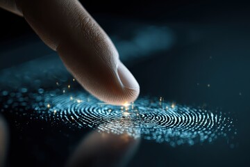 Poster - Close up of a finger scanning an illuminated, detailed fingerprint. Perfect for illustrating digital security or biometric identification concepts.
