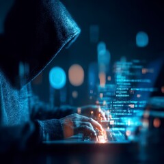 hooded figure types on glowing laptop, digital code
