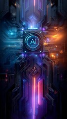 Poster - A futuristic abstract technology background with neon lights and glowing circuit lines