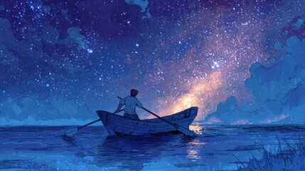 Wall Mural - A lone man rows gently in a small boat, surrounded by calm waters reflecting a mesmerizing night sky filled with stars and a colorful galaxy. Clouds add to the enchanting atmosphere.