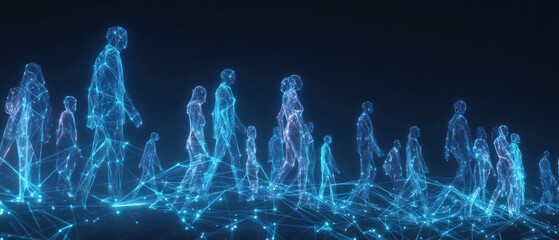 Poster - Abstract digital illustration of a large group of people walking in a network of lines and dots