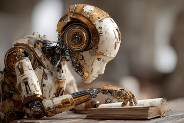 Poster - Humanoid robot with growing neural circuits reads open book at desk. Concept of artificial intelligence, machine learning, and futuristic technology in education