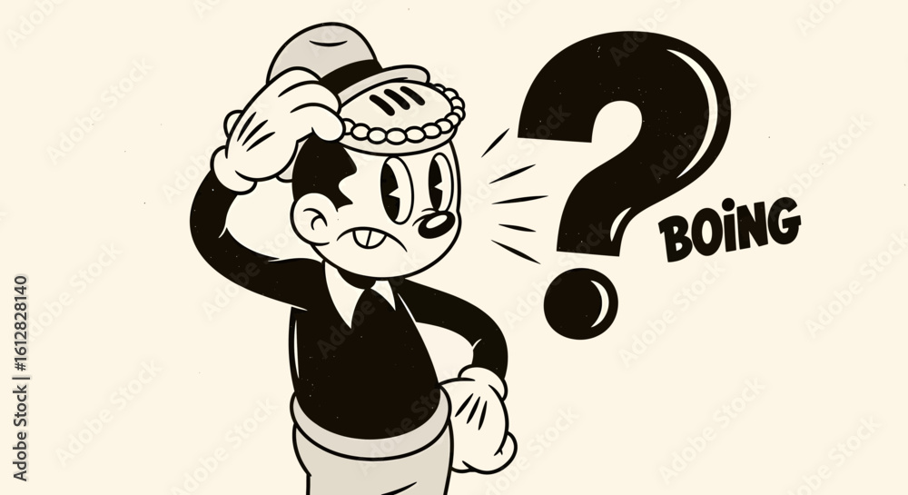 Confused Cartoon Character Scratching Head Next To A Big Question Mark
