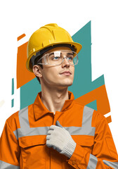 Poster - proud builder in protective gear looking into the distance on geometric background . Generative AI