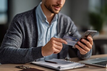 Poster - Businessman using a smartphone and credit card to book air tickets while seated at a desk in a modern office environment