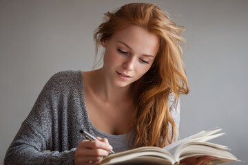 Poster - Young female student writing notes in a notebook while studying in a bright and minimalistic space during the day