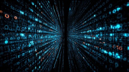 Poster - Vivid streams of binary data flow through a digital tunnel, creating a sense of depth and motion. The blue light enhances the futuristic feel, immersive and intense.