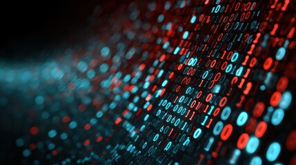 Poster - Colorful streams of binary code flow across a digital space, showcasing a blend of blue and red hues. This vibrant display represents data processing in technology.