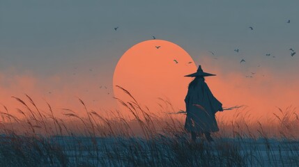 Wall Mural - A lone figure wearing a wide-brimmed hat stands in tall grass as a stunning orange sunset fills the sky. Birds fly in the background, creating a serene atmosphere at dusk.