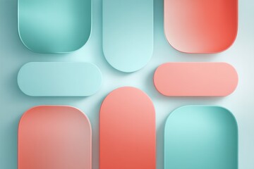 Aufkleber - Soft teal and coral pink liquid rectangles and ovals are symmetrically arranged on a white gradient backdrop.