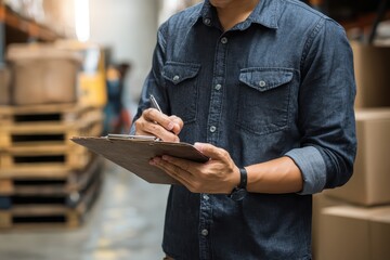 Aufkleber - Logistics professional reviewing checklist in a warehouse while managing inventory and overseeing operations during daytime