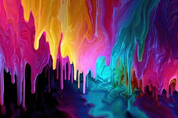 Poster - Vivid colors blend and drip down in a dynamic abstract composition showcasing fluid art techniques illuminated by vibrant lights