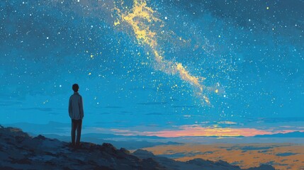 Wall Mural - A person stands on a rocky outcrop, gazing at a breathtaking night sky filled with twinkling stars and a vibrant galaxy. Dusk colors paint the horizon, creating a magical atmosphere.