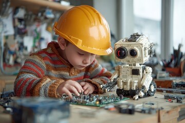 Poster - Little boy learns robotics skills while programming a robot at a school workshop during a creative activity session