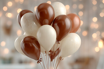 Poster - Elegant cluster of brown and cream balloons with bokeh background creating a festive atmosphere