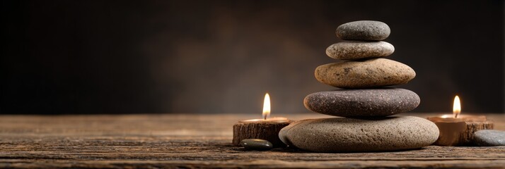 Poster - Stacked Pebbles With Warm Candlelight Create a Calming Daily Growth Ritual on a Wooden Board in a Serene Environment