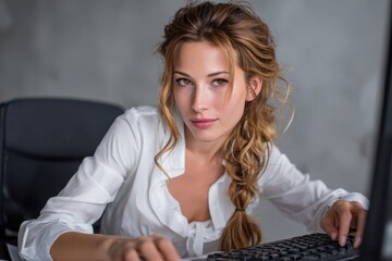Poster - Busy beautiful professional business woman working intensely at her desk during office hours in a modern workspace with a focused expression and stylish attire